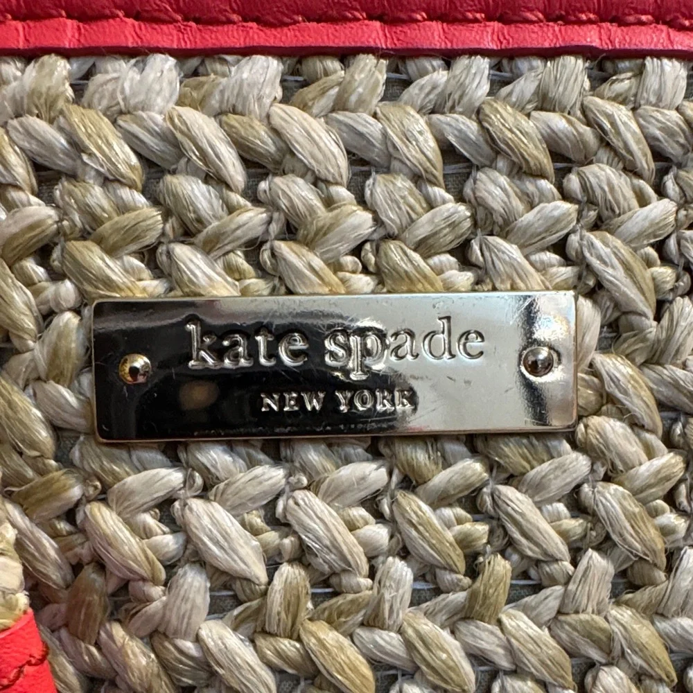 Kate Spade Tan Straw Tote with Red Orange Trim - Picture 4 of 9
